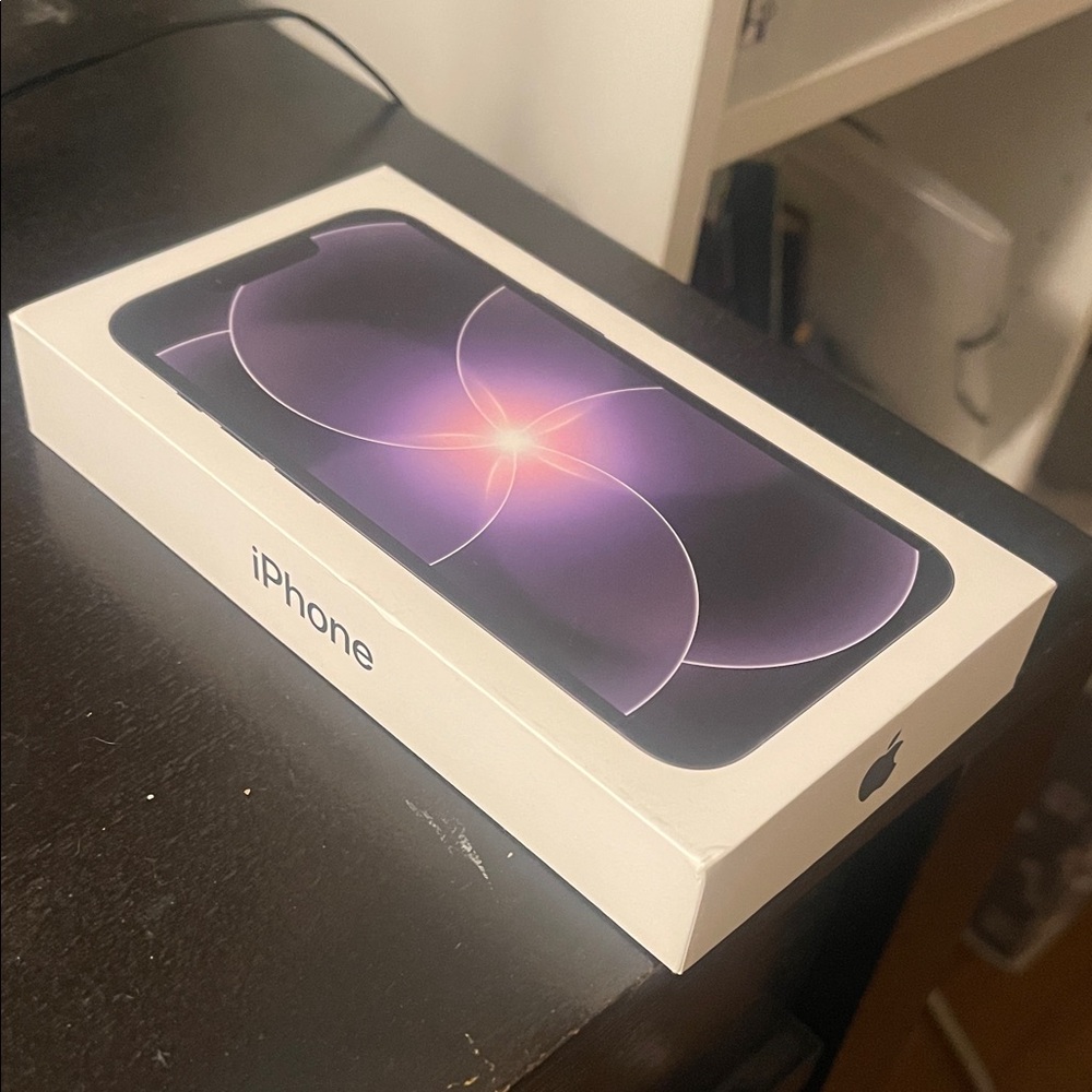 Apple iPhone Box with Purple Screen Art and White Packaging